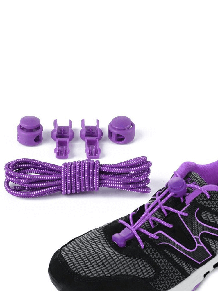 Purple elastic laces with spring buckles for sports shoes, showcasing easy installation and no-tie convenience, length 100cm.